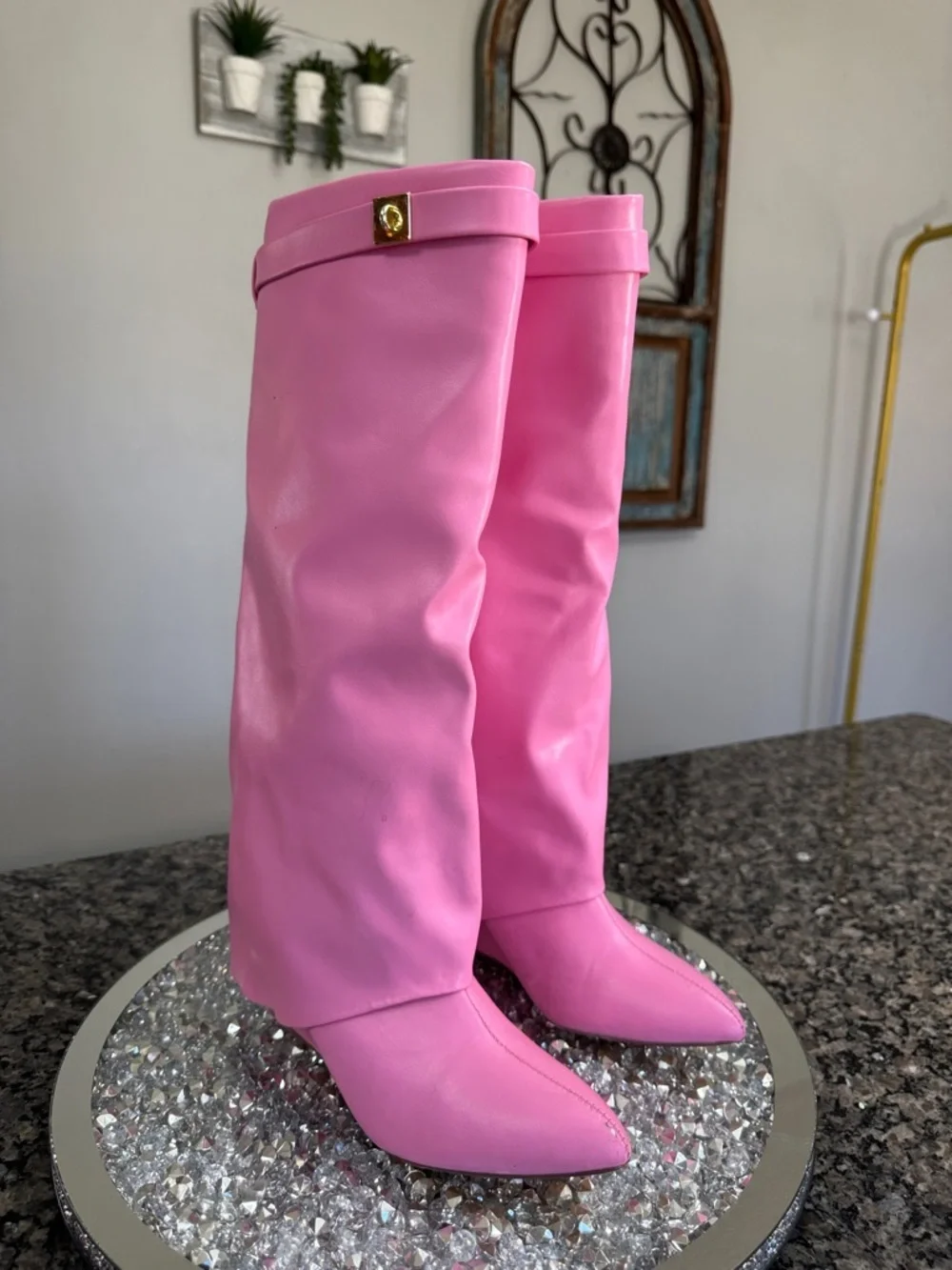 Pink Women's Knee-High skirted wedge Fashion Boots